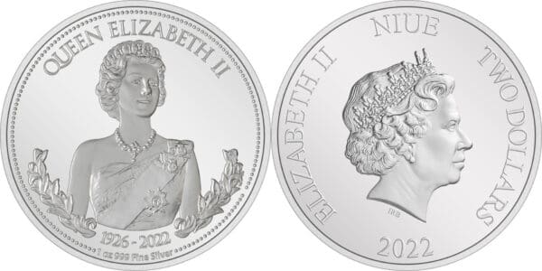 New Zealand Mint Stříbrná mince Královna Alžběta II 1926-2022 1 Oz 2 NZD Niue 2023