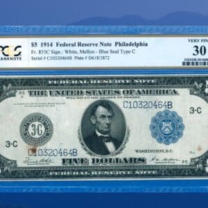 1914 $5 dolarová bankovka Federální rezervy Philadelphia, PCGS 30
