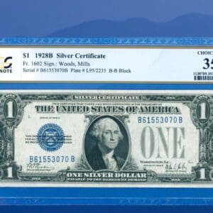 1928B $1 stříbrný certifikát modrá pečeť, "FUNNYBACK", PCGS 35