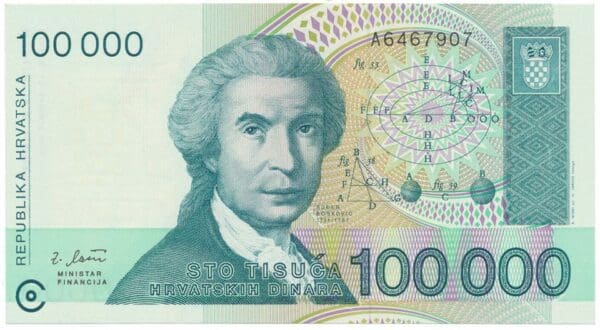 Chorvatsko 100 000 Dinara 1993 Bankovka
