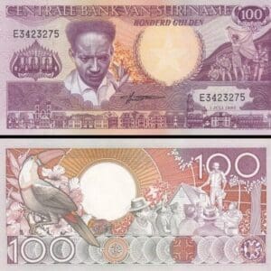 100 guldenů, Anton De Kom, Tukan, řečník s lidmi, Surinam, 1986