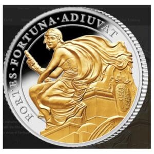 Stříbrná mince se selektivním zlatým plátem Queens Virtues Courage 1oz 1 £ Velká Británie 2022