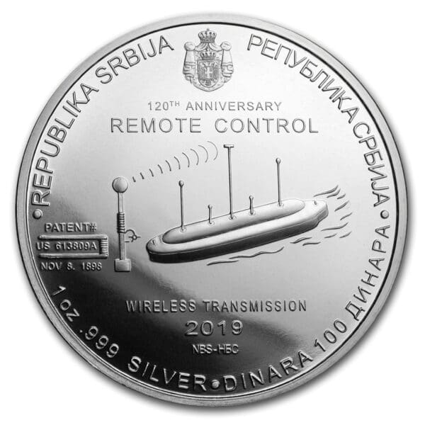 Private Mint 100 Dinar Nikola Tesla: Dálkové ovládání BU 1 Oz - Image 2