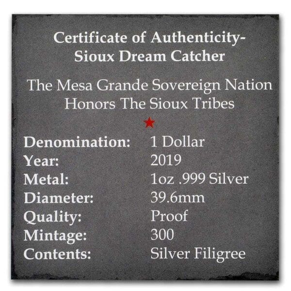 Private Mint 2019 1 oz Stříbro  Mesa Grande Sioux Dream Catcher Proof - Image 5