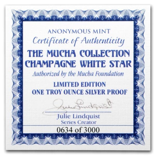 Silver Shield Mince 1 oz Kolekce  Mucha  (Šampaňská Bílá hvězda) - Image 3