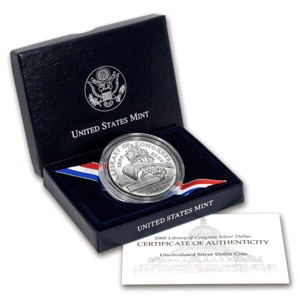 UNITED STATES MINT 2000-P Kongresová knihovna $ 1 Silver Commem BU (w / Box & COA - Image 3