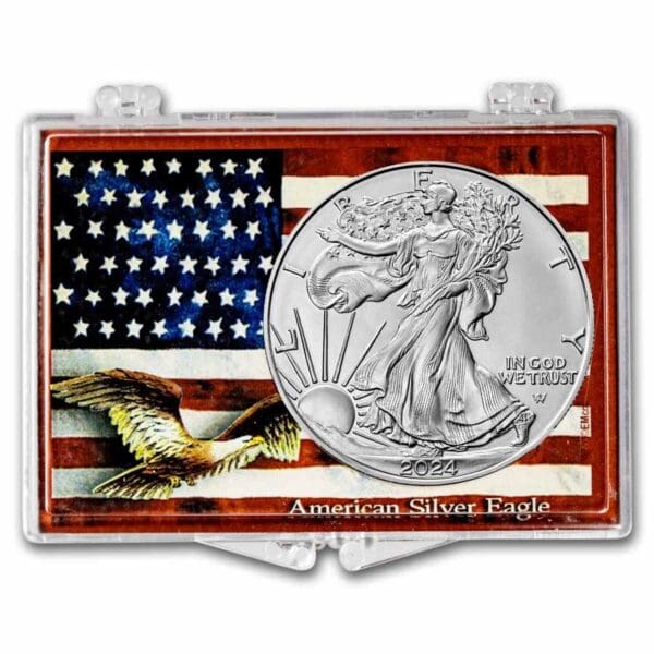 UNITED STATES MINT 2024 1 oz Silver Eagle – se západkovým zámkem, americkou vlajkou a orlem