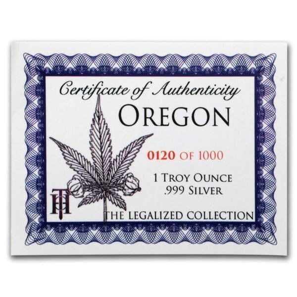 UNITED STATES MINT Mince : 1 ozstříbro Proof  - legalizovaný (stát Oregon) - Image 3
