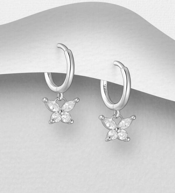 Stříbrné náušnice (925) Butterfly Hoop, zdobené simulovanými diamanty