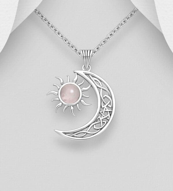 Přívěsek měsíc a slunce z oxidovaného stříbra 925, zdobený Rose Quartz