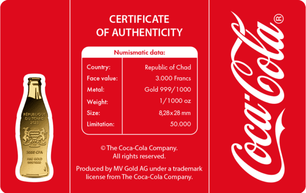 Zlatá mince 999/1000 Coca Cola™ Láhev - Image 2