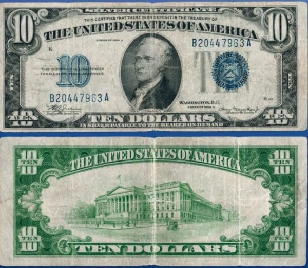 Ministerstvo financí Spojených států 1934A $10 deset dolarů stříbrný certifikát modrá pečeť, vynikající stav #47963