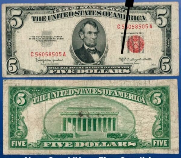Ministerstvo financí Spojených států 5 dolarů z roku 1953, velmi dobrý stav, zákonného platidla s červenou pečetí