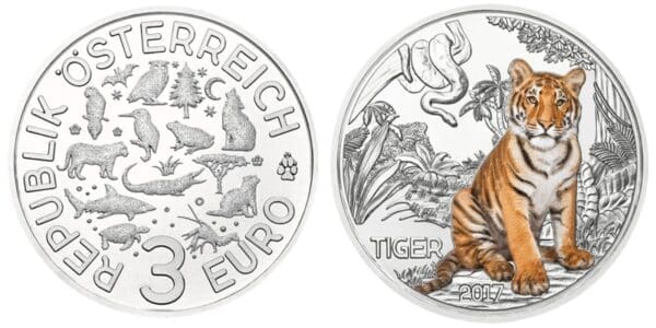 Münze Österreich 3 eurová mince „Tiger“ 2017 - Obrázek 2