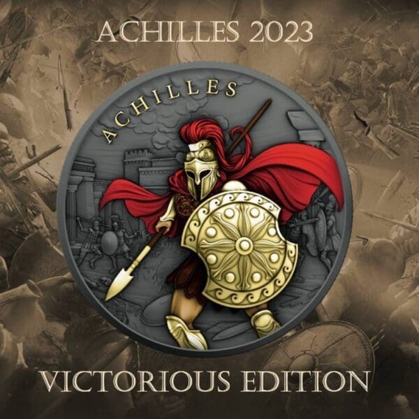 Perth Mint ACHILLES VICTORIOUS LEGENDARY WARRIORS 2023 5 $ 1 OZ ČISTÁ 2K POZLACENÁ MINCE - Image 3