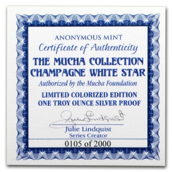 Silver Shield Mince : 1 oz barevná kolekce Mucha Collection Šampaňská Bílá hvězda - Image 3