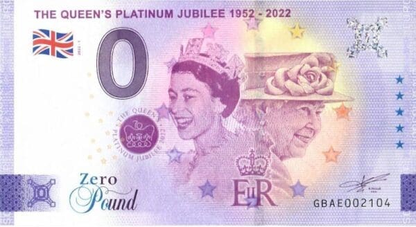 0 Pound bankovka Queen Elizabeth II · 0 librová bankovka Velká Británie 2022 · Platinové jubileum královny
