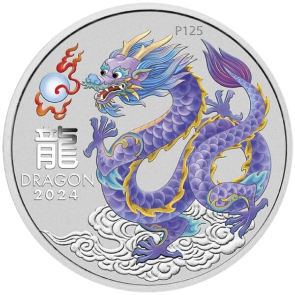Lilac Dragon Drak 2024 $ 1 1 oz Stříbrná lunární barevná mince v kapsli
