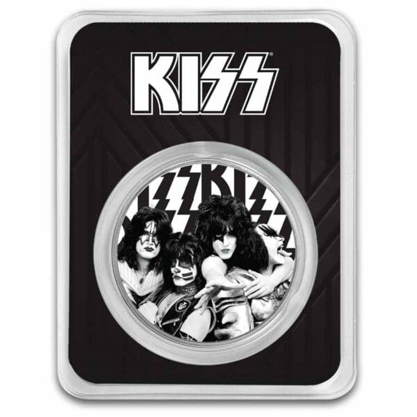 Stříbrná mince černobílé logo Kiss 1 Oz v TEP