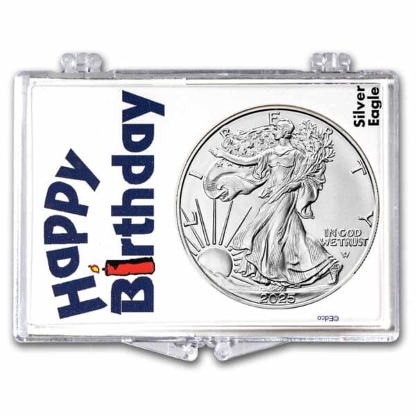 Stříbrná mince Americký Eagle 1 oz v design krabičce s nápisem všechno nejlepší k narozeninám