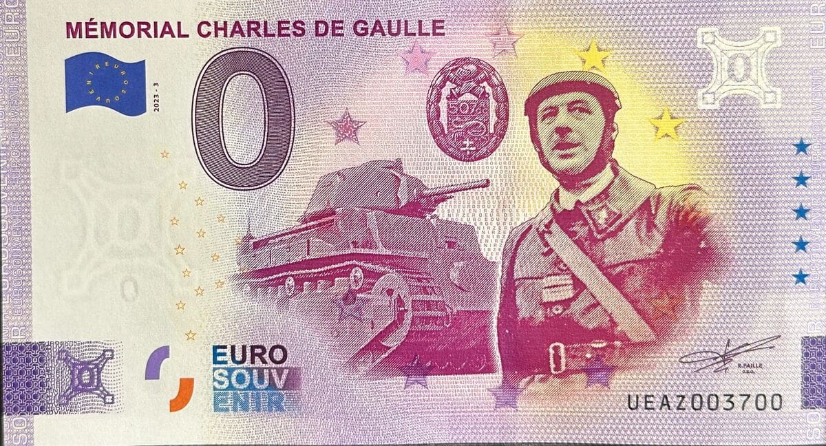0 EUR bankovka Mémorial Charles de Gaulle 2023