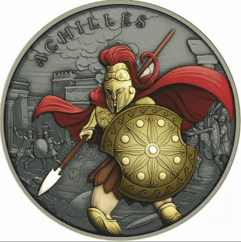Stříbrná mince Achilles Victorious Legendary Warriors – 1 oz, barevná a antická úprava