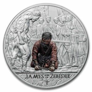 Stříbrná mince Ghana 2025 – Jakub 1 oz Ag 999, Proof, barevná. Série Umučení 12 apoštolů, limitovaná edice, dárková krabička s certifikátem.