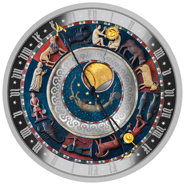 Stříbrná euromince Malta 5 euro Gdaňský orloj 2025. 1 oz Ag 999, Proof kvalita, ražba 700 ks. Skladem.