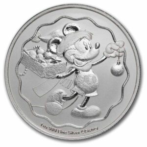 Stříbrná mince Niue 2025 – Mickey Mouse 1 oz Ag 999, 2 NZD. MintDirect® Premier + PCGS FirstStrike®, vánoční motiv, limitovaná edice, ideální sběratelský dárek.