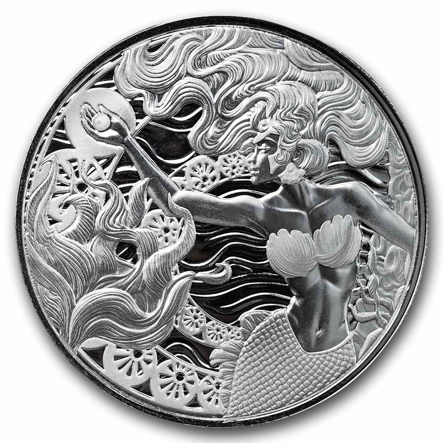 Stříbrná mince Samoa 2025 – Mermaid & Pearl. 1 oz Ag 999, BU, limitovaná ražba 10 000 kusů, ochranná kapsle, krásný motiv mořské panny.
