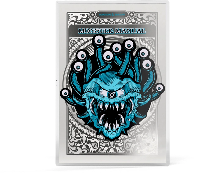 Unikátní stříbrná mince Dungeons & Dragons – Monster Manual (2014). Obří formát 26 cm, ryzí stříbro 999, limitace 1 000 ks. Skladem na Zlatoproradost.cz.