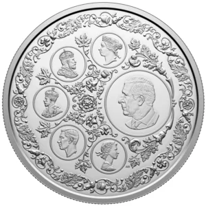 Královská historie v ryzím stříbře 9999. Kanadská mince Dědictví koruny (The Crown's Heritage) o nominální hodnotě 50 dolarů. Skladem na Zlatoproradost.cz.