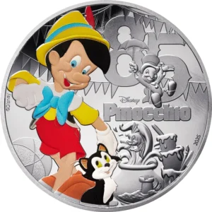 Sběratelská mince Disney: Pinocchio 10 EUR (2025). 22,2g ryzího stříbra 999, kvalita Proof. Limitovaná edice 3 000 ks od Monnaie de Paris. Skladem na Zlatoproradost.cz.