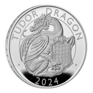 6. mince série Royal Tudor Beasts: Tudor Dragon. 1 oz ryzího stříbra 999 v kvalitě Proof. Oficiální portrét krále Karla III. Skladem na Zlatoproradost.cz