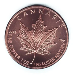Odvážná 1 oz měděná mince Cannabis 2026 ze série Silver Shield. Reinterpretace Maple Leaf v ryzí mědi .999. Sběratelský kousek na Zlatoproradost.cz.
