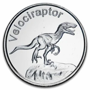 Investiční stříbrná mince 1 oz (round) s motivem Velociraptora. Ryzí stříbro .999, detailní design dravého dinosaura. Skladem na Zlatoproradost.cz.