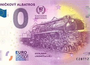 Sběratelská 0 eurová suvenýrová bankovka Jedničkový Albatros (kód CZBT 2025-1). Legendární parní lokomotiva 498.1 na bankovkovém papíře na Zlatoproradost.cz.