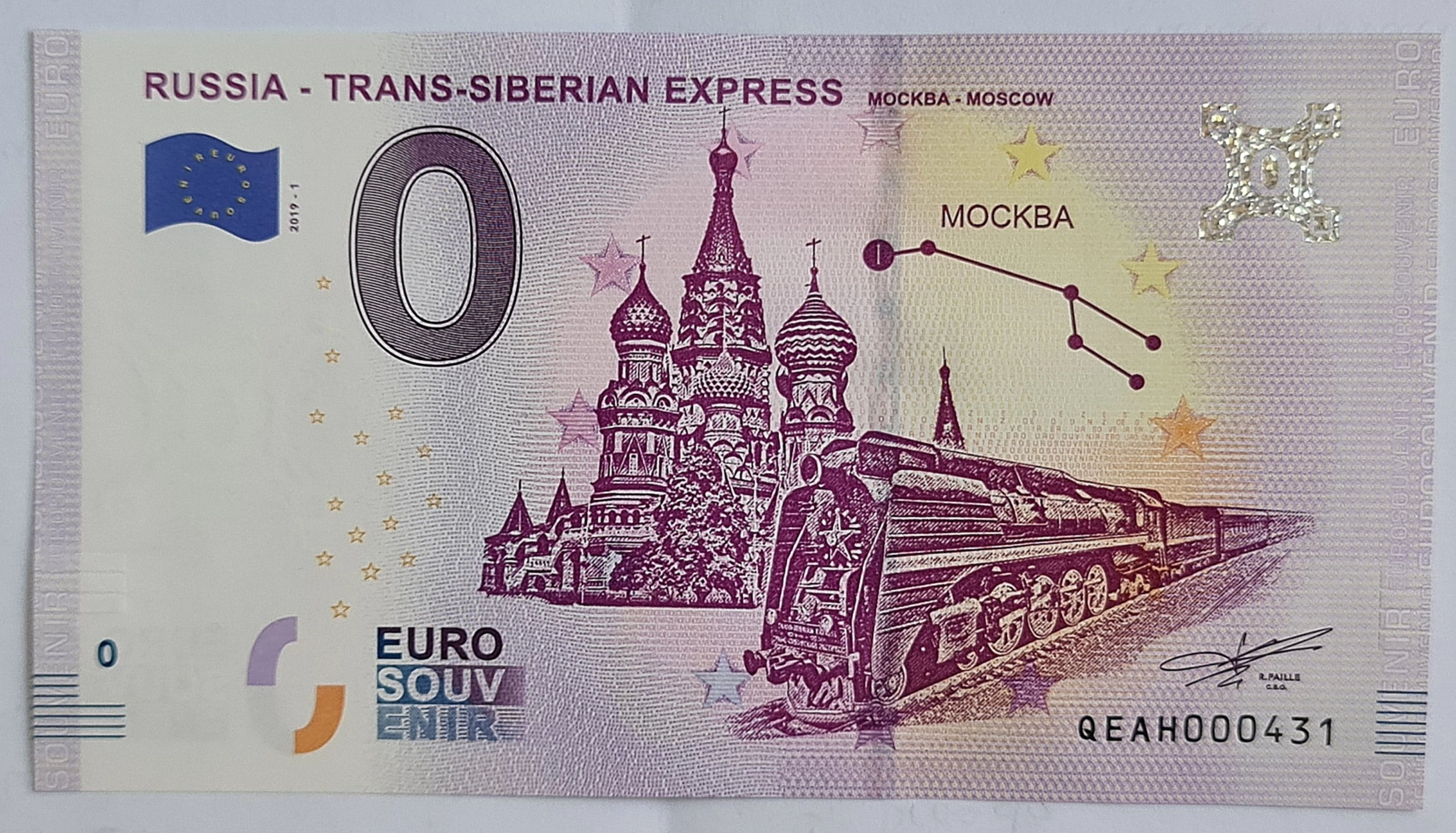 Sběratelská 0 eurová suvenýrová bankovka Transsibiřská magistrála (kód QEAH 2019-2). Legendární vlak a trať na bankovkovém papíře na Zlatoproradost.cz.
