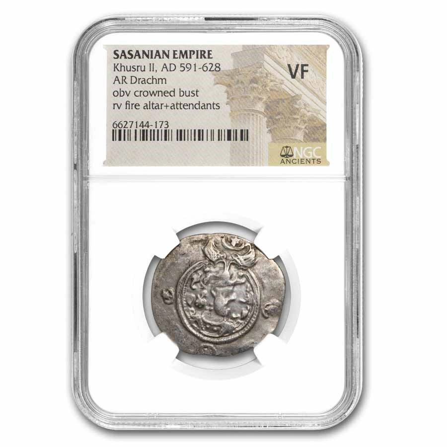 Starověká stříbrná drachma perského krále Chusra II. (Sásánovci). Certifikace NGC VF (Very Fine). Unikátní starověké stříbro na Zlatoproradost.cz.