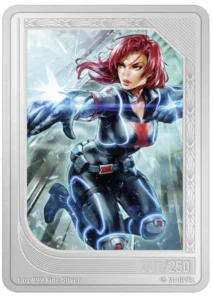 Exkluzivní stříbrná mince 1 oz Černá vdova (2023) ze série Marvel Trading Coins. Ryzí stříbro .999, barevný design, individuální číslování. Skladem na Zlatoproradost.cz.