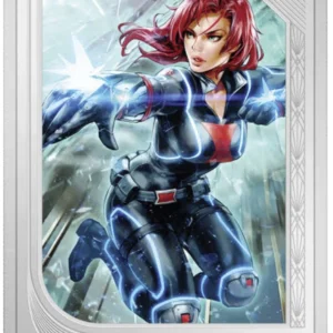 Exkluzivní stříbrná mince 1 oz Černá vdova (2023) ze série Marvel Trading Coins. Ryzí stříbro .999, barevný design, individuální číslování. Skladem na Zlatoproradost.cz.